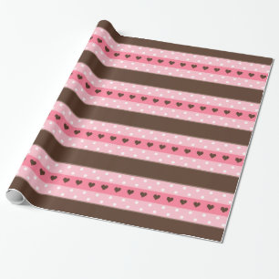 Papier Cadeau Rayures et motif de pois roses et Brown Girly