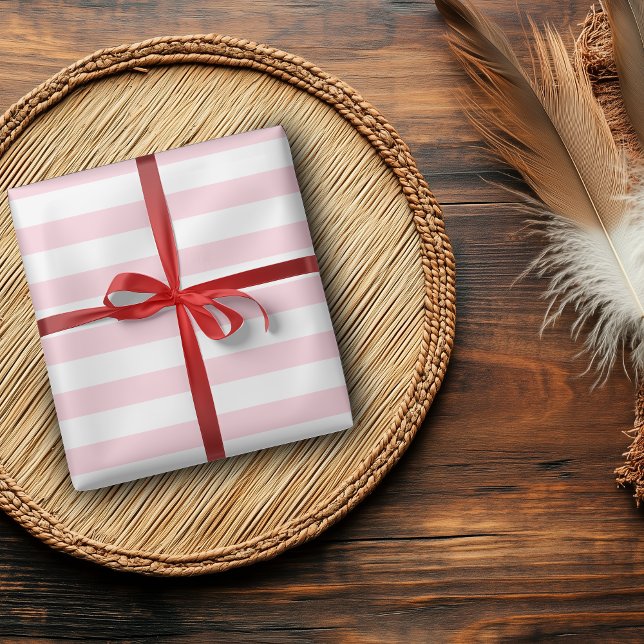 Papier Cadeau Rayures horizontales larges rose pastel et blanc (Créateur téléchargé)