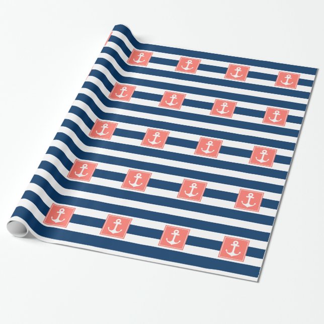 Papier Cadeau Rayures nautiques de marine d'Ancre pour (Déroulé)