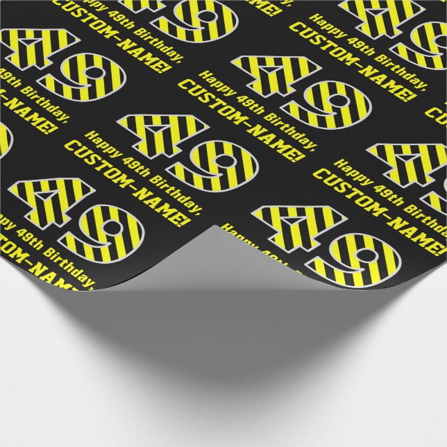 Papier Cadeau Rayures noires et jaunes "49" ; 49e anniversaire + (Coin)