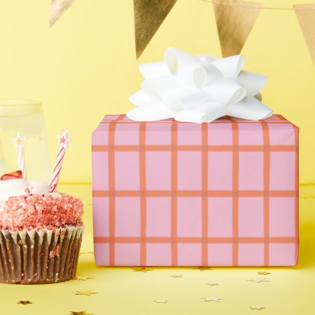Papier Cadeau Rayures rouges rétro sur fond rose (Fête d'anniversaire)