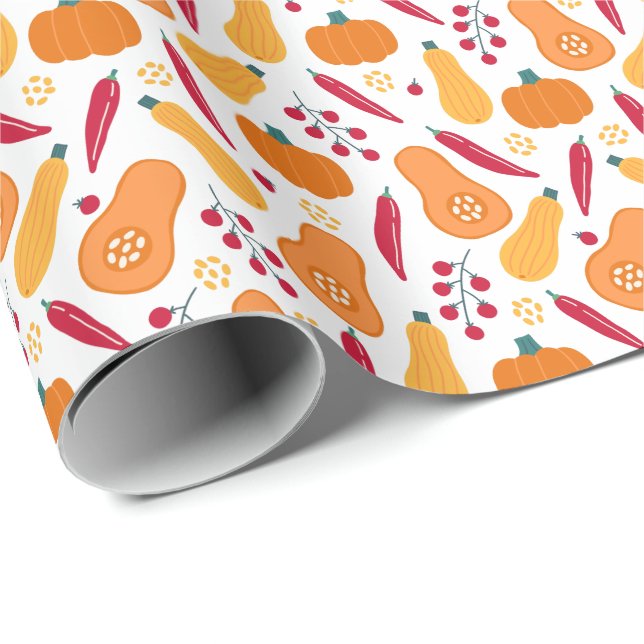 Papier Cadeau Récolte Motif de légumes orange et rouge (Coin rond)