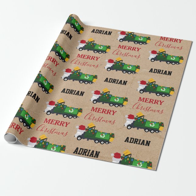 Papier Cadeau Recyclage de Noël Camion à ordures Nom personnalis (Déroulé)