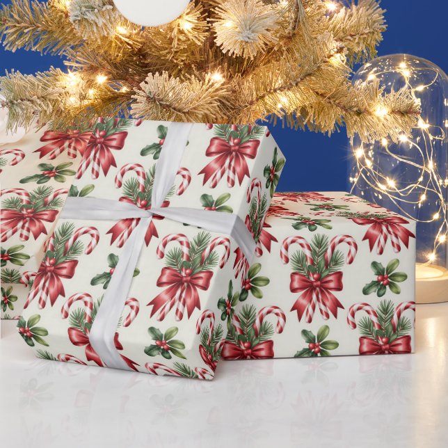 Papier Cadeau Red and White Candy Cane Ribbon Christmas Pattern (Vacances)