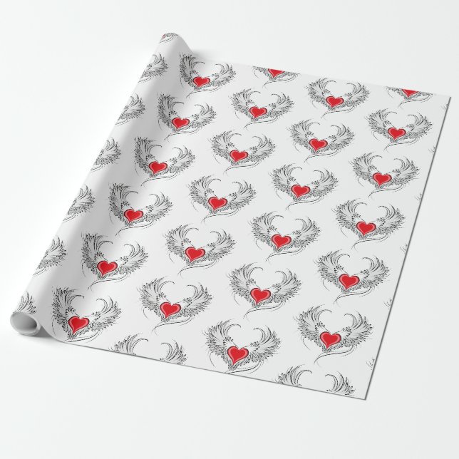 Papier Cadeau Red Angel Coeur avec ailes (Déroulé)