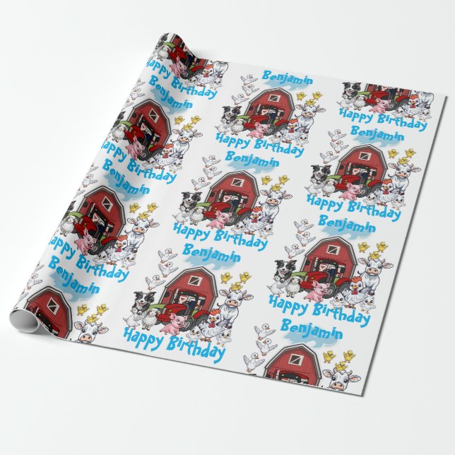 Papier Cadeau Red Barn Cute Farm Animaux Anniversaire Cadeau (Déroulé)