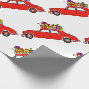 Papier Cadeau Red Car with Christmas Gifts Wrapping Paper