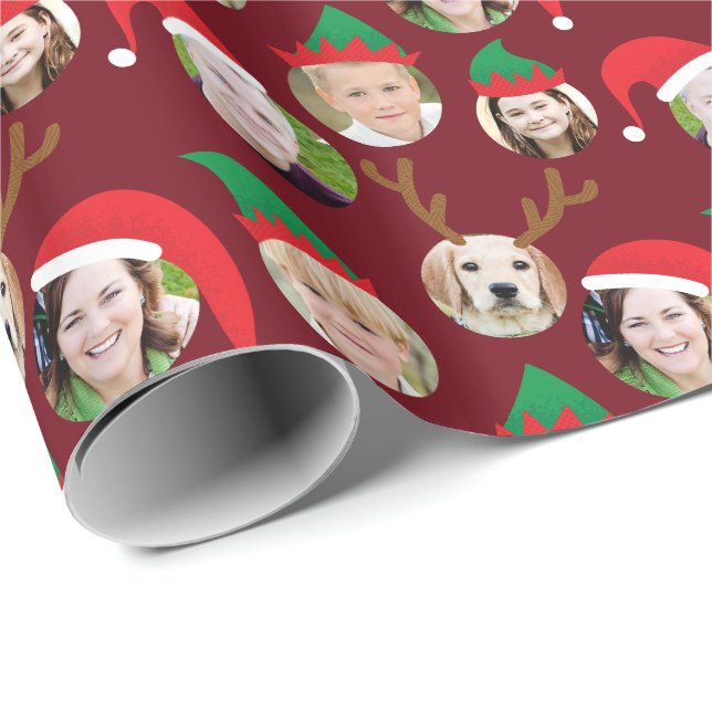 Papier Cadeau Red Christmas Crew Custom Six Photo Funny Holiday (Coin rond)