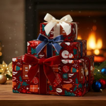 Red Christmas Gift Wrapping Paper with Festive Ico