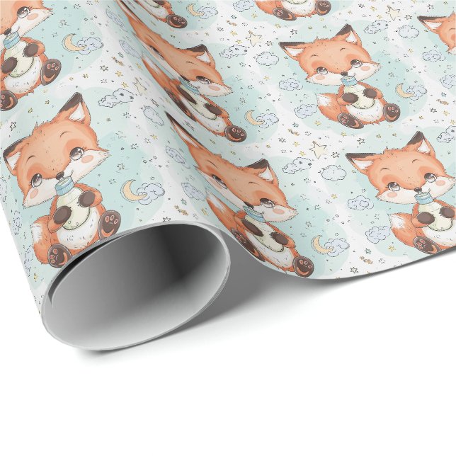 Papier Cadeau Red Fox Cute Baby Pastel Motif d'aquarelle (Coin rond)
