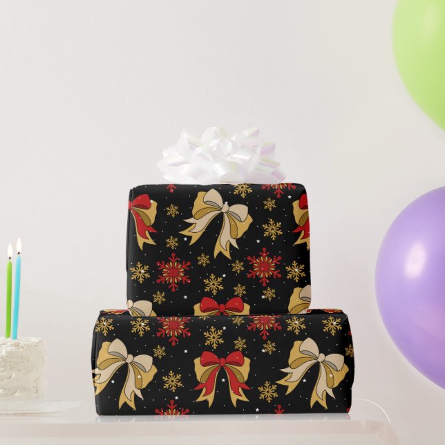 Papier Cadeau Red & Gold Bows Snowflakes Noël (Cadeaux de fête)