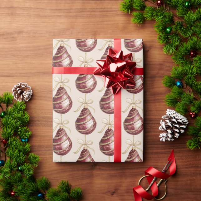 Papier Cadeau Red Gold Pears with Bows Christmas (Cadeau de vacances)