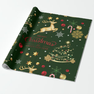 Papier Cadeau Red Gold Reindeer Joyeux sapin de Noël