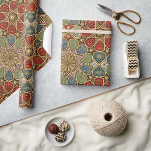 Papier Cadeau Red Green Blue Faux Gold Motif d'art arabe