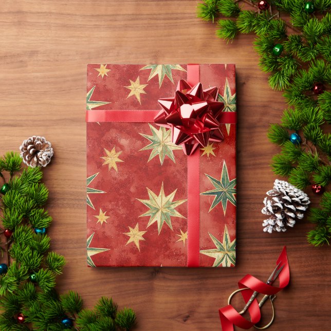Papier Cadeau Red Green Gold Stars Christmas (Cadeau de vacances)