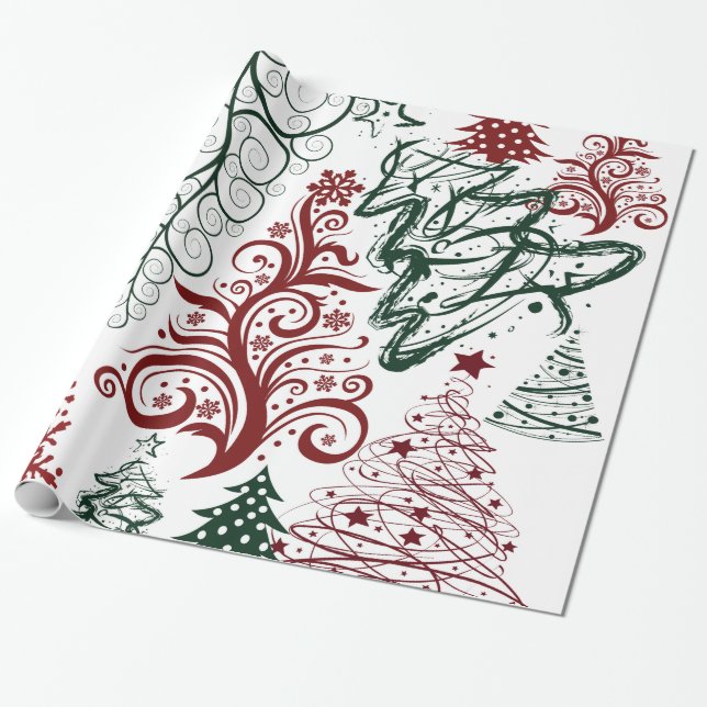 Papier Cadeau Red Green Holiday Christmas Tree Motif (Déroulé)