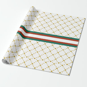 Papier Cadeau Red Green Stripe Gold Crown Motif Royal