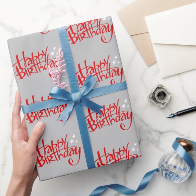 Papier Cadeau Red Happy Birthday on Grey (Cadeaux)