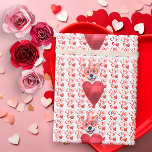 Papier Cadeau Red Hearts Corgi Amoureux des chiens Valentine