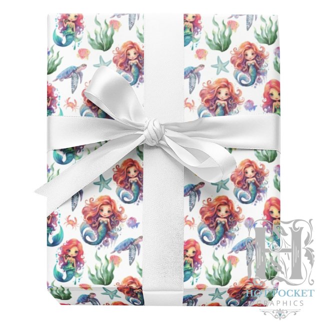 Papier Cadeau Red Mermaid Birthday Gift Wrap in White (Créateur téléchargé)