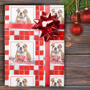 Papier Cadeau Red Plaid Bulldog Chien photo Joyeux Noël