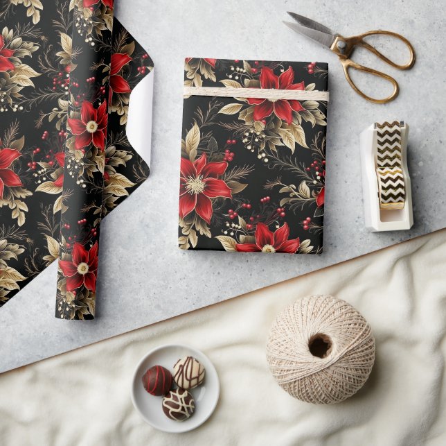 Papier Cadeau Red Poinsettia cadeau Motif de Noël de luxe (Artisanat)