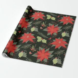 Papier Cadeau Red Poinsettias Green Holly Christmas