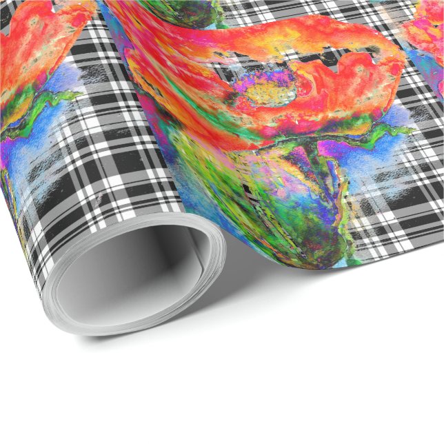 Papier Cadeau Red Poppy - plaid noir et blanc (Coin rond)