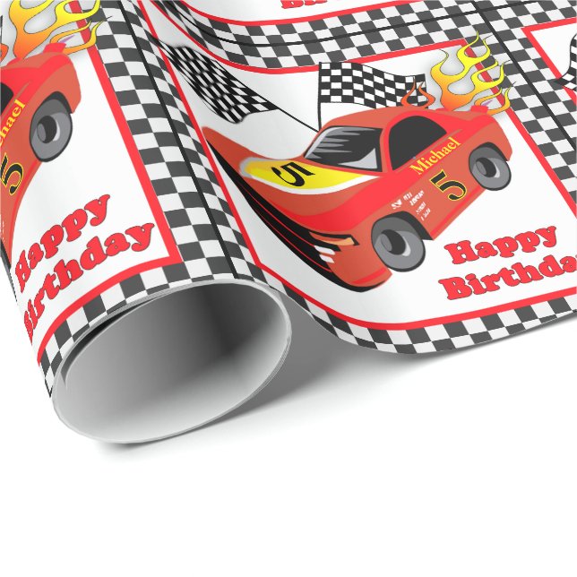 Papier Cadeau Red Race Car Black Check Personnaliser (Coin rond)