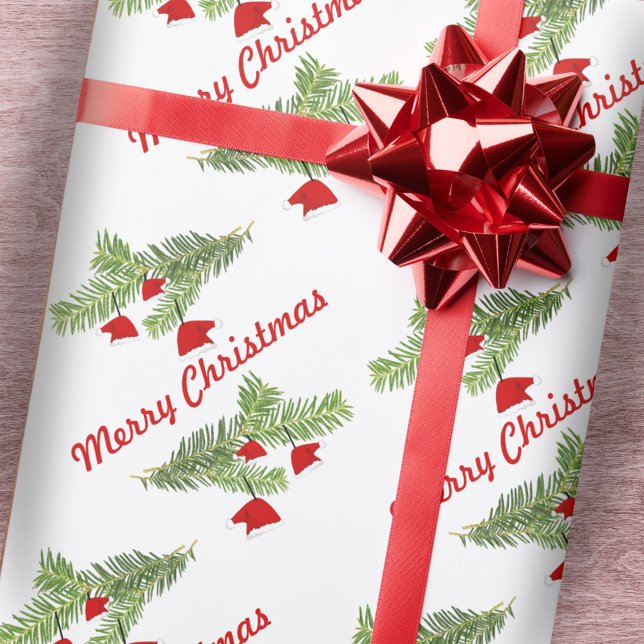 Papier Cadeau Red Santa Hat Ornements sur la branche de pin Noël (Créateur téléchargé)