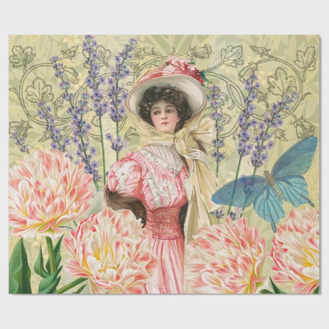 Papier Cadeau Regency de femme victorienne rose (Plat)