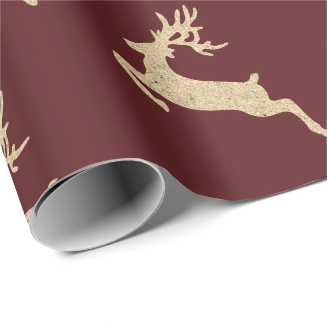 Papier Cadeau Reinadeer Nouvel An Bourgogne Rouge Maroon Or (Coin rond)