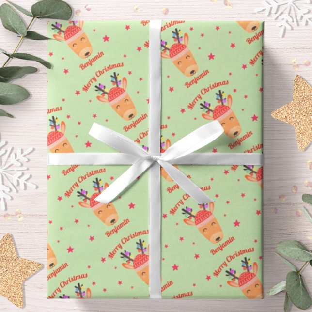 Papier Cadeau Reindeer Christmas Red Green Nom personnalisé (Créateur téléchargé)