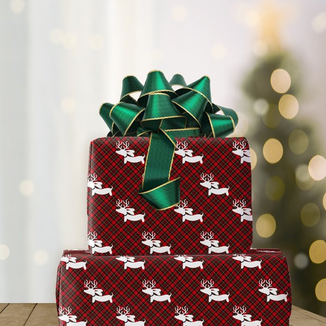 Papier Cadeau Reindeer Dachshund Feuilles papier d'enveloppement (Red and green plaid dachshund-themed Christmas wrapping paper.)
