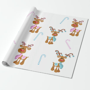 Papier Cadeau Reindeer de Noël Pink Bleu Fête de la Révélation d