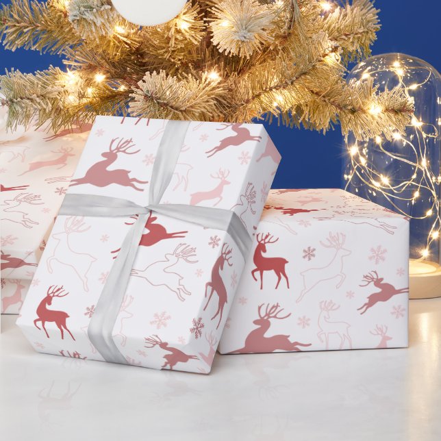Papier Cadeau Reindeer et Snowflakes Rose or rose Noël (Vacances)