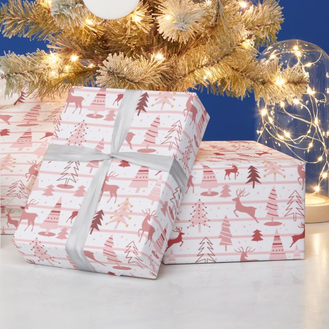 Papier Cadeau Reindeer Noël Arbres Rose Or rose Noël (Vacances)