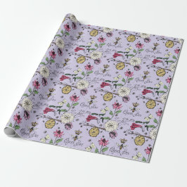 Papier Cadeau Reine Abeille et Fleurs Élégantes de Lavande pour 