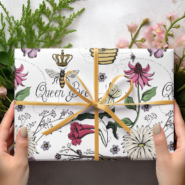 Papier Cadeau Reine Abeille et Fleurs Élégantes pour la Fête des
