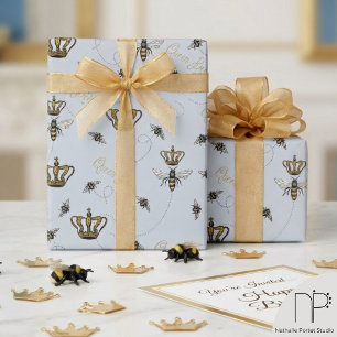 Papier Cadeau Reine Abeille Royale Couronne d'Or Bleue