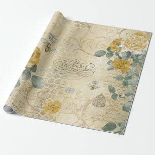 Papier Cadeau Reine des abeilles vintage de roses d'or jaune