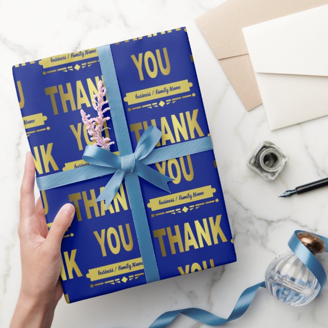Papier Cadeau Remerciement Appréciation Bleu Or Typographie (Cadeaux)