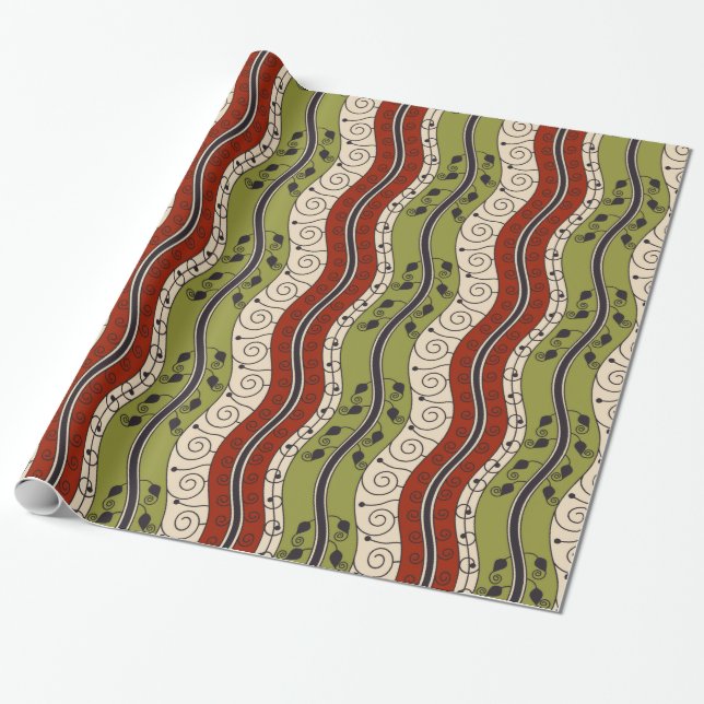 Papier Cadeau Remous et vagues en rouge, vert et crème (Déroulé)