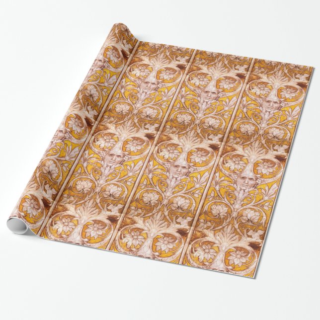 PAPIER CADEAU RENAISSANCE FACE GROTESQUE WITH GOLD WHITE FLORAL (Déroulé)