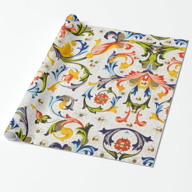 PAPIER CADEAU RENAISSANCE FLORENTINE EAUX FLORALES, FLEURS (Déroulé)