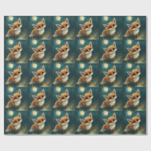 Papier Cadeau Renard au clair de lune, forêt nocturne 