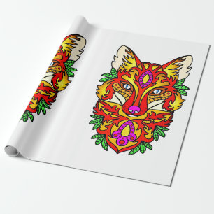Papier Cadeau Renard boho art abstrait loup rouge violet blanc