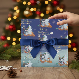 Papier cadeau renard et bonhomme de neige en bois