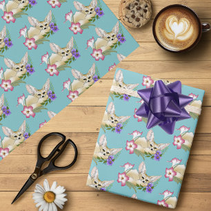Papier Cadeau Renard Fennec Fleurs Rose Violet Mignon Bleu Boita