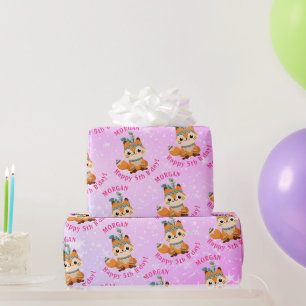 Papier Cadeau Renard Indien mignon, Nom & Anniversaire, Rose pâl